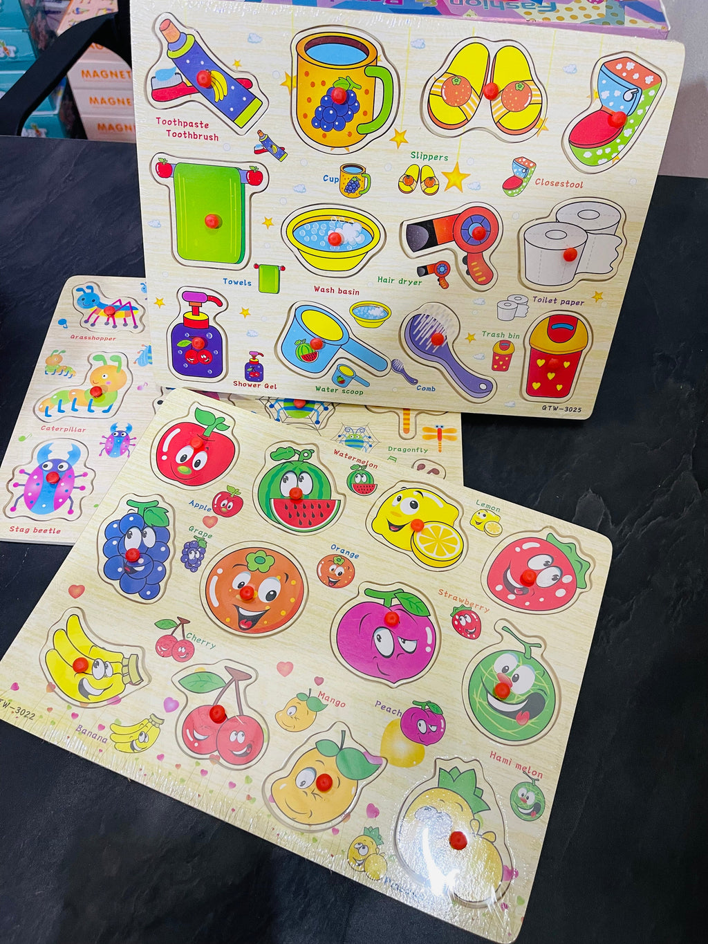 1 High Quality Educational Wooden Puzzle– Animals, Insects, Fruits & Veggies ( One Random Board )