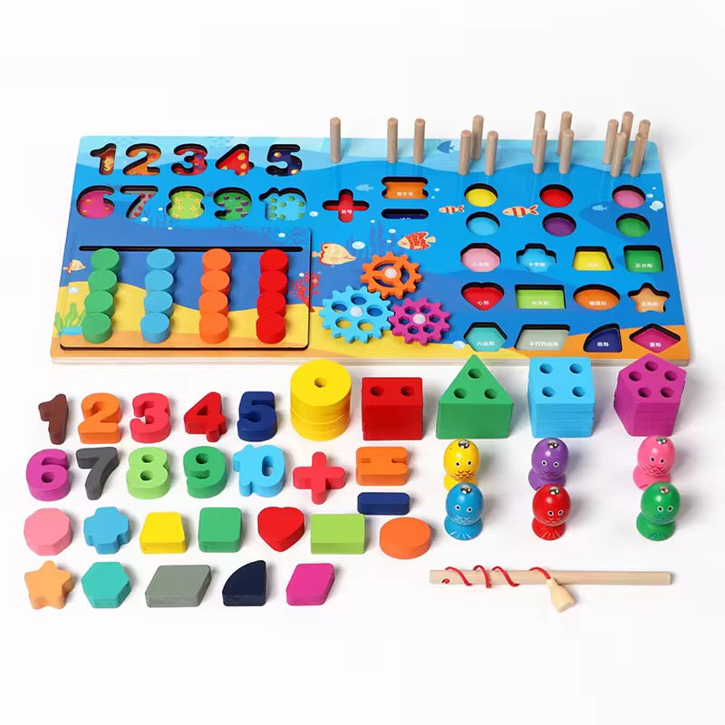 Montessori Wooden Multifunctional Busy Board with Magnetic Fishing Puzzle Early Education Blocks & more