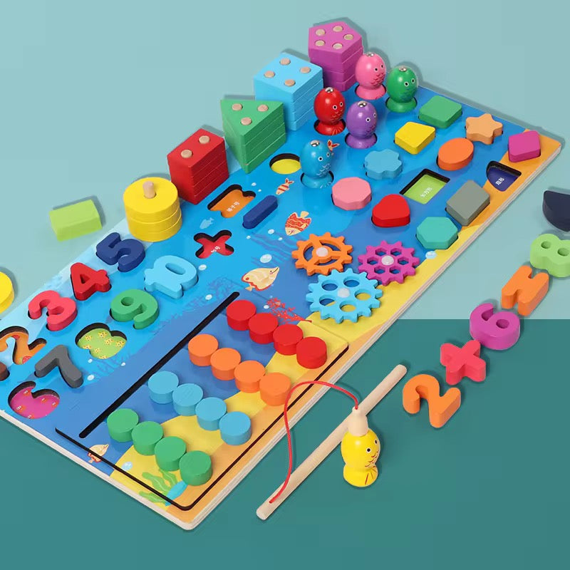 Montessori Wooden Multifunctional Busy Board with Magnetic Fishing Puzzle Early Education Blocks & more