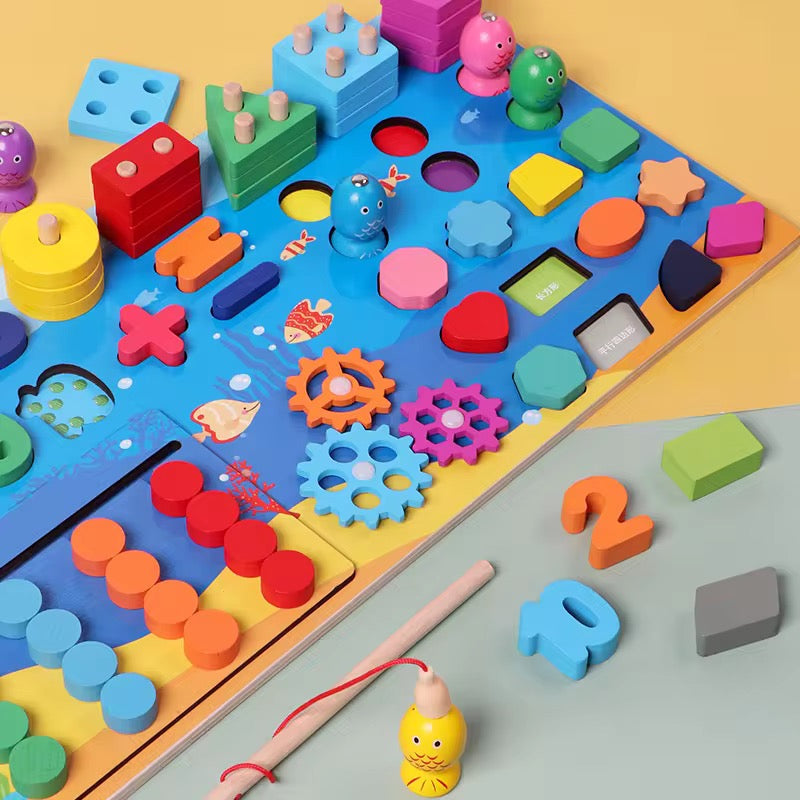 Montessori Wooden Multifunctional Busy Board with Magnetic Fishing Puzzle Early Education Blocks & more