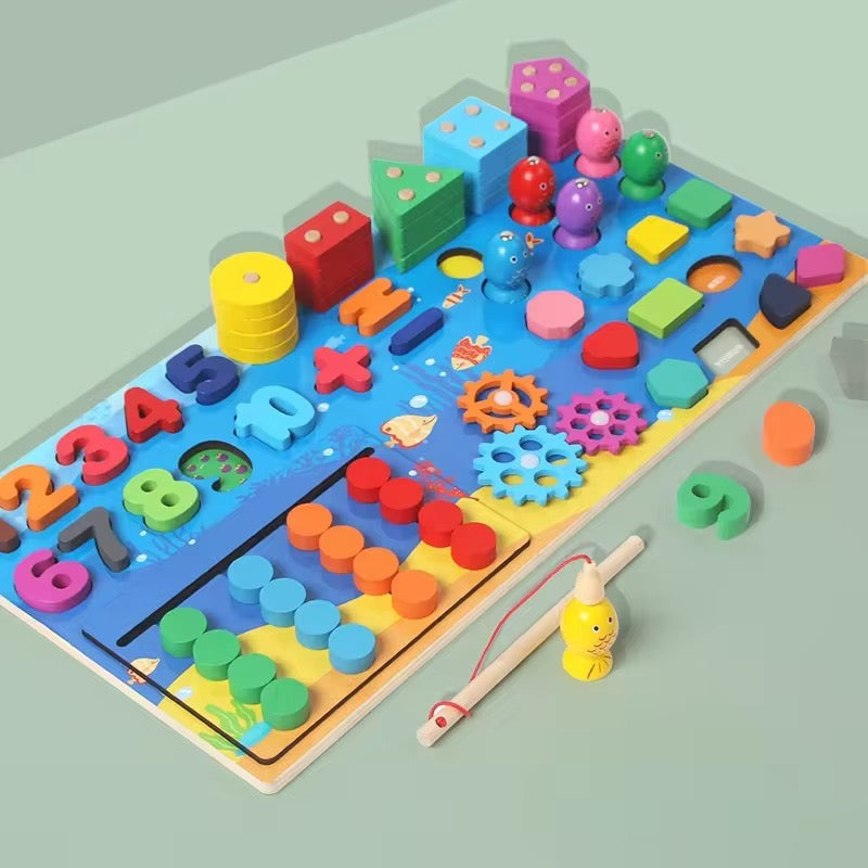 Montessori Wooden Multifunctional Busy Board with Magnetic Fishing Puzzle Early Education Blocks & more