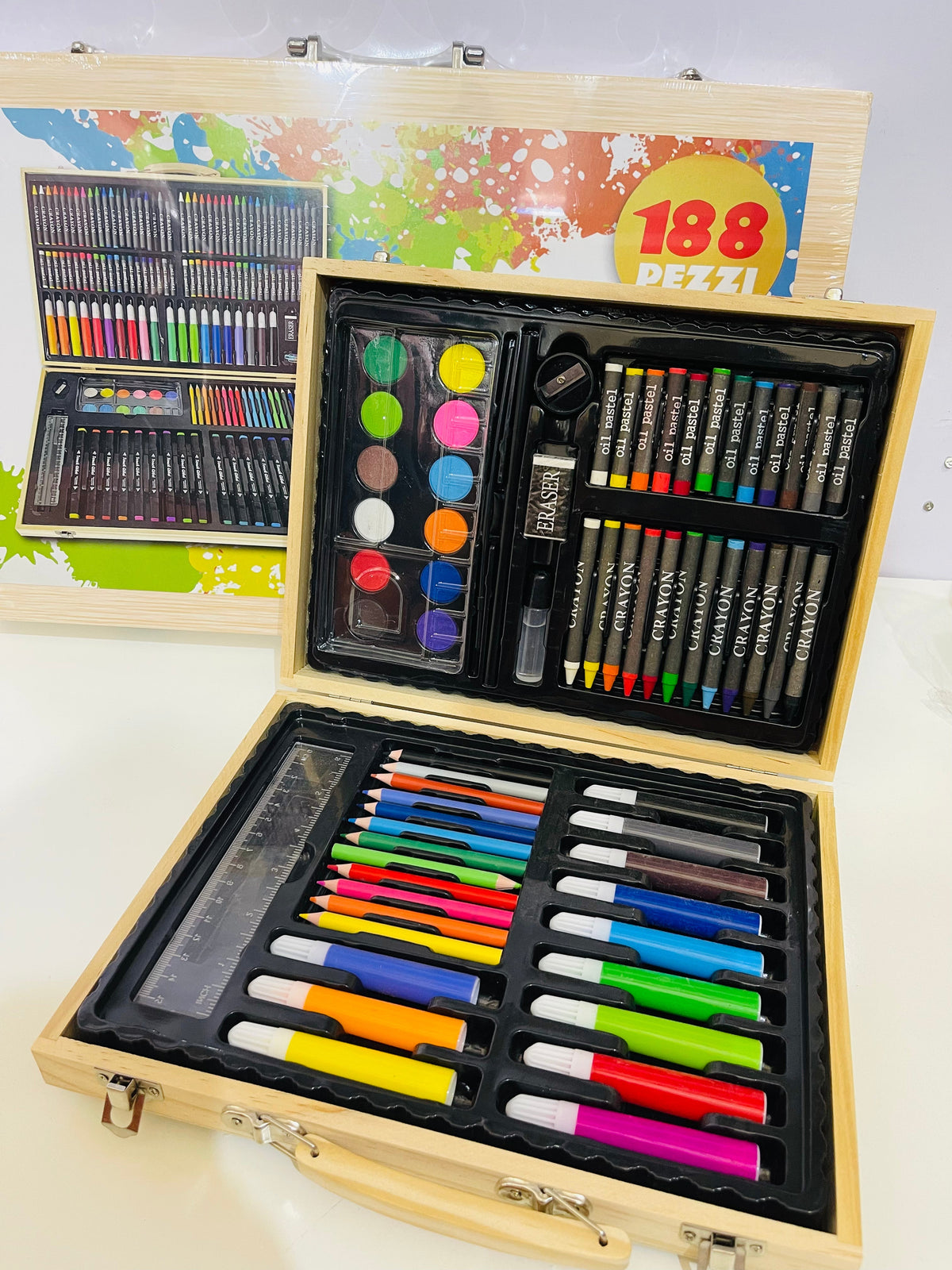 Colouring Art Kit – Multi-Character Box Set for Kids 188 pcs wooden case